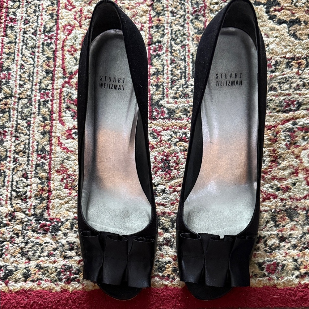 Stuart Weitzman Black Satin Peep Toe Heels